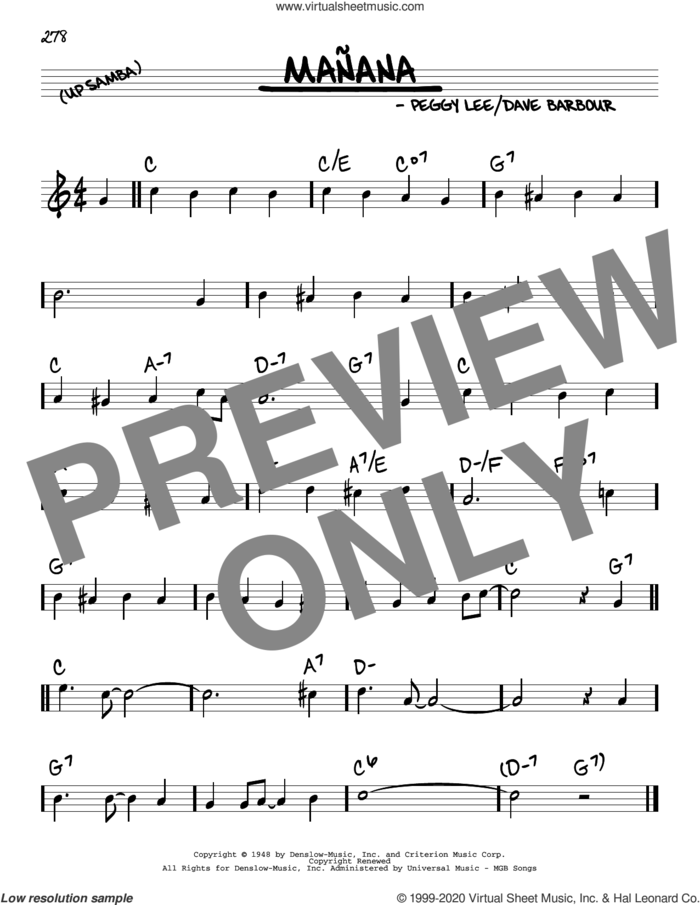 Manana sheet music for voice and other instruments (real book) by Peggy Lee and Dave Barbour, intermediate skill level