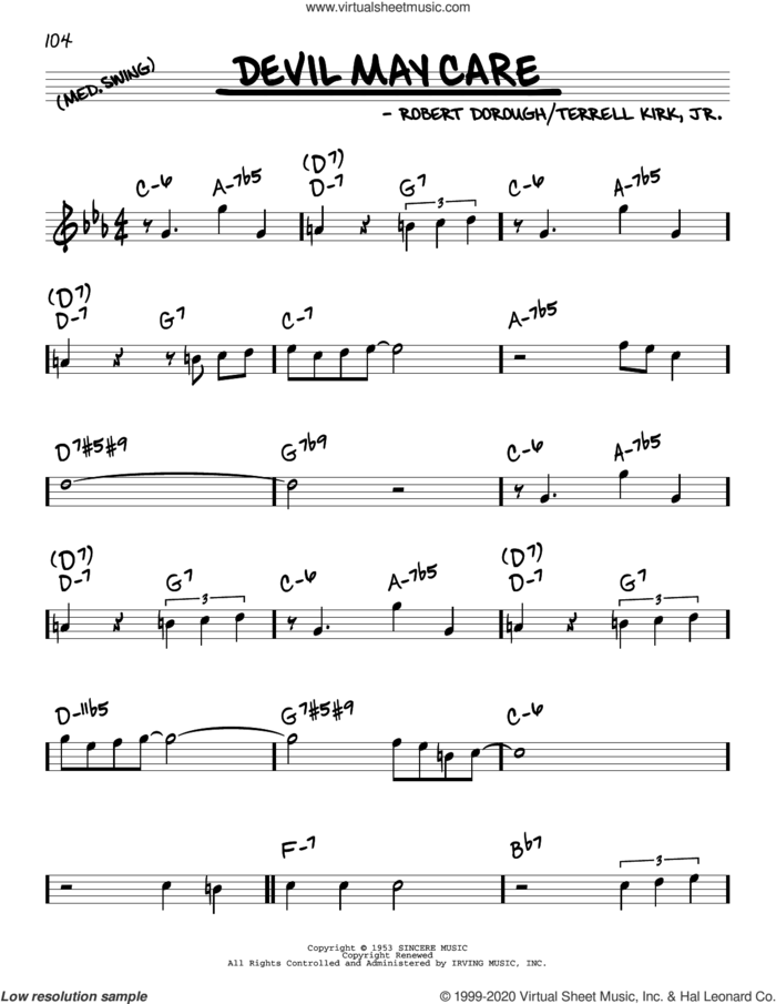 Devil May Care sheet music for voice and other instruments (real book) by Bob Dorough and Terrell Kirk, Jr., intermediate skill level