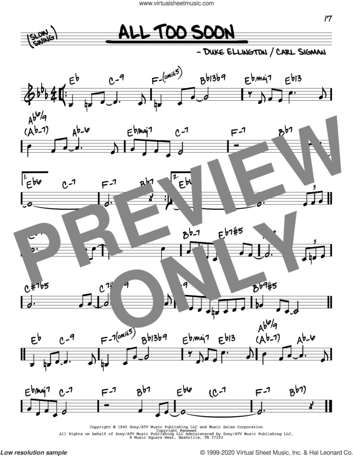 All Too Soon sheet music for voice and other instruments (real book) by Duke Ellington and Carl Sigman, intermediate skill level