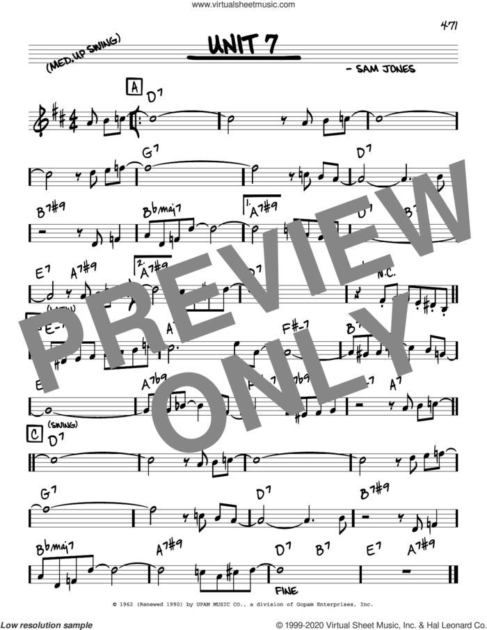 Unit 7 sheet music for voice and other instruments (real book) by Sam Jones, intermediate skill level