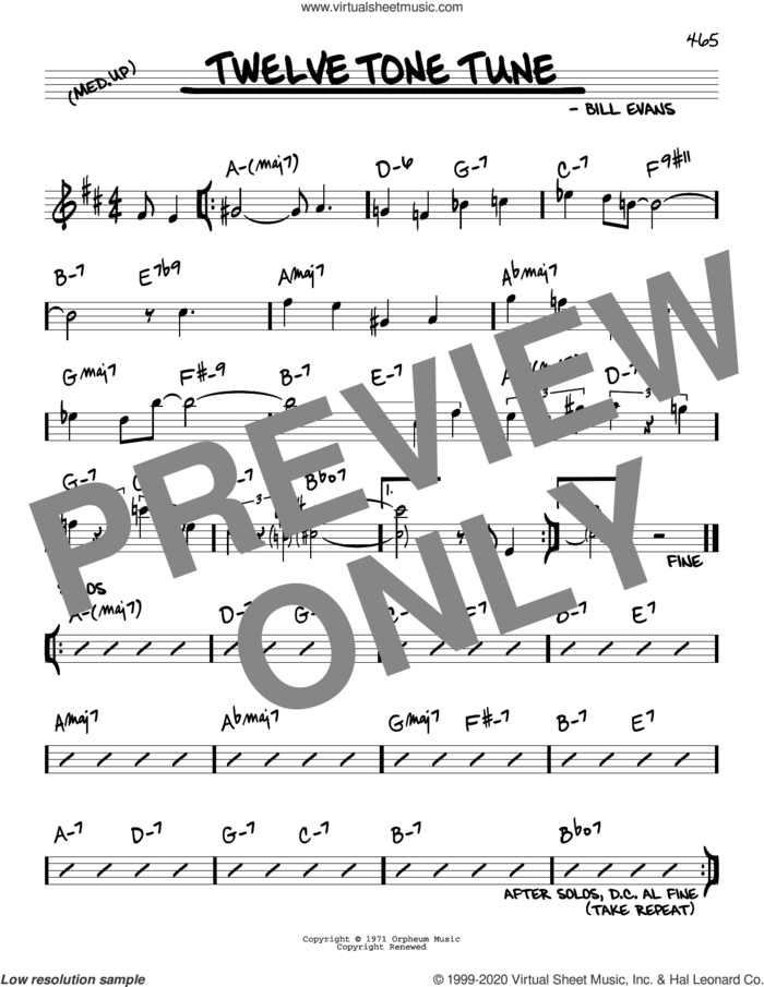 Twelve Tone Tune sheet music for voice and other instruments (real book) by Bill Evans, intermediate skill level