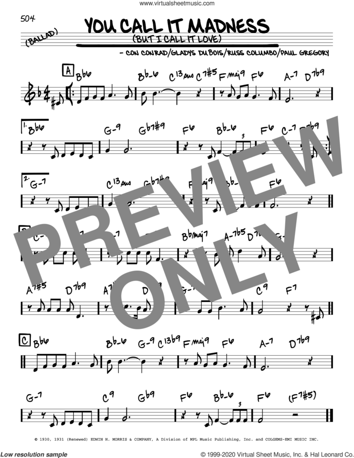 You Call It Madness (But I Call It Love) sheet music for voice and other instruments (real book) by Nat King Cole, Con Conrad, Gladys DuBois, Paul Gregory and Russ Columbo, intermediate skill level