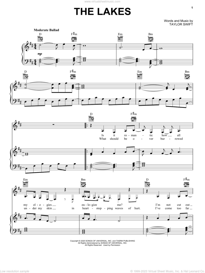 the lakes sheet music for voice, piano or guitar by Taylor Swift, intermediate skill level