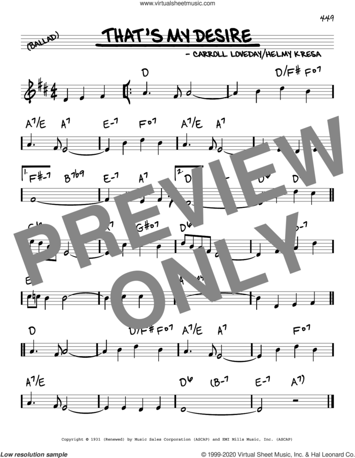 That's My Desire sheet music for voice and other instruments (real book) by Carroll Loveday and Helmy Kresa, intermediate skill level