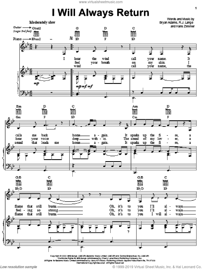 I Will Always Return sheet music for voice, piano or guitar by Bryan Adams, Spirit: Stallion Of The Cimarron (Movie), Hans Zimmer and Robert John Lange, intermediate skill level