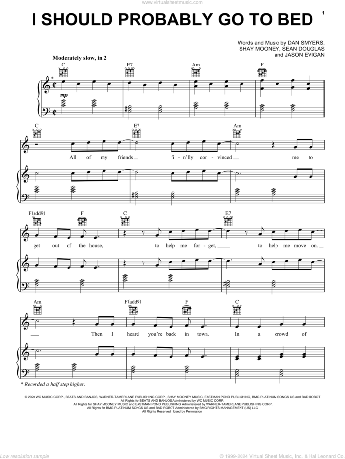 I Should Probably Go To Bed sheet music for voice, piano or guitar by Jason Evigan, Dan & Shay, Dan Smyers, Sean Douglas and Shay Mooney, intermediate skill level