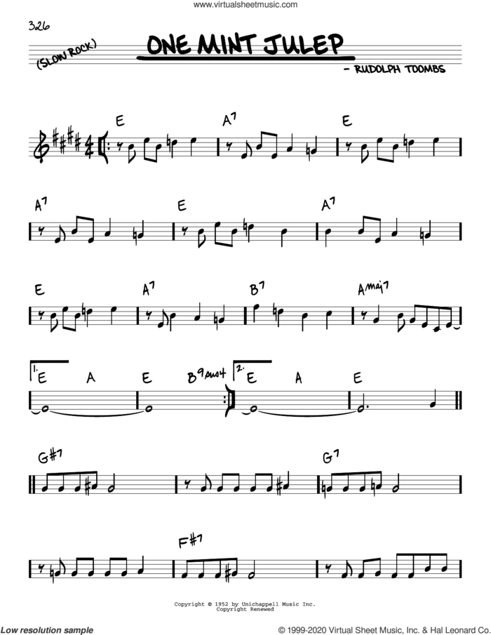 One Mint Julep sheet music for voice and other instruments (real book) by Rudolph Toombs, Chet Atkins, Ray Charles and The Clovers, intermediate skill level