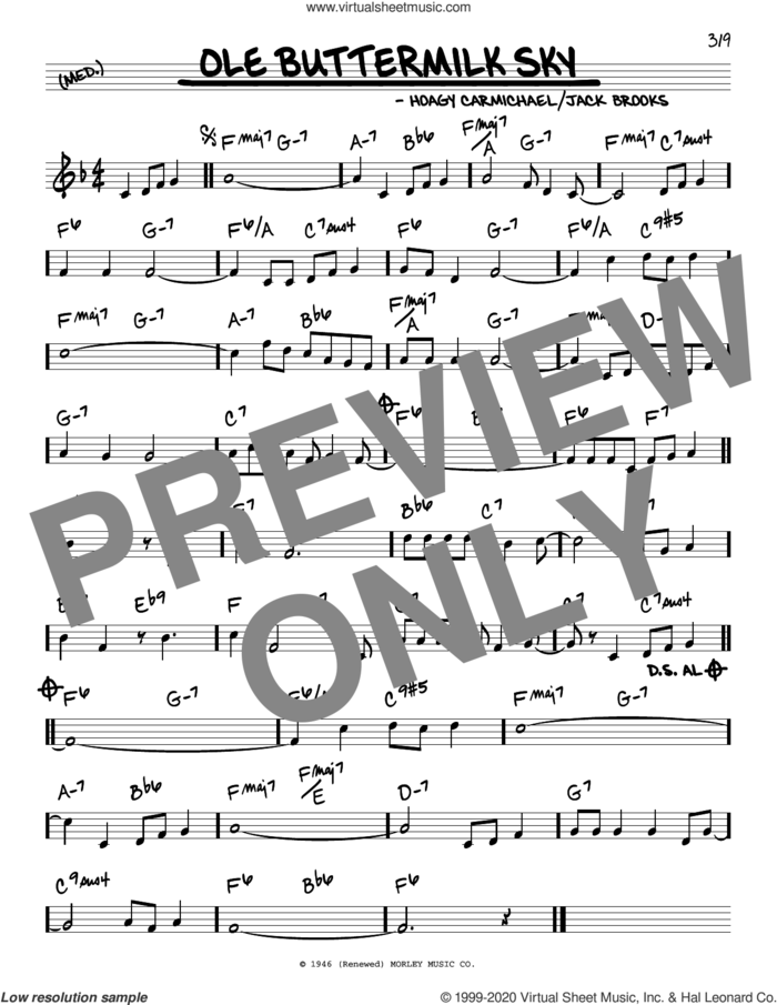 Ole Buttermilk Sky sheet music for voice and other instruments (real book) by Hoagy Carmichael and Jack Brooks, intermediate skill level