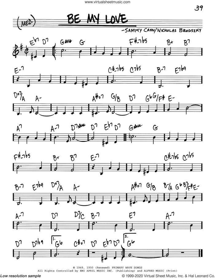 Be My Love sheet music for voice and other instruments (real book) by Sammy Cahn and Nicholas Brodszky, intermediate skill level