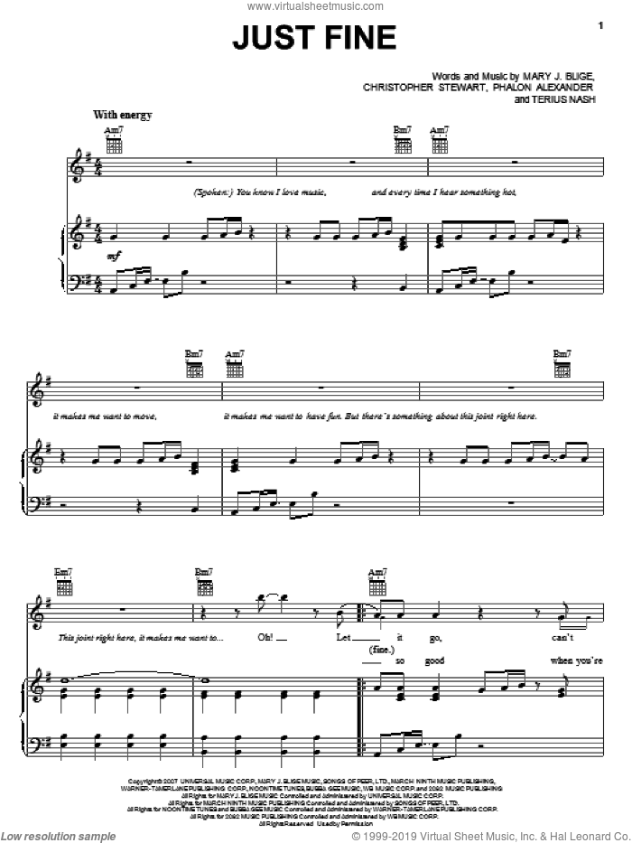 Just Fine sheet music for voice, piano or guitar by Mary J. Blige, Chistopher Stewart, Phalon Alexander and Terius Nash, intermediate skill level
