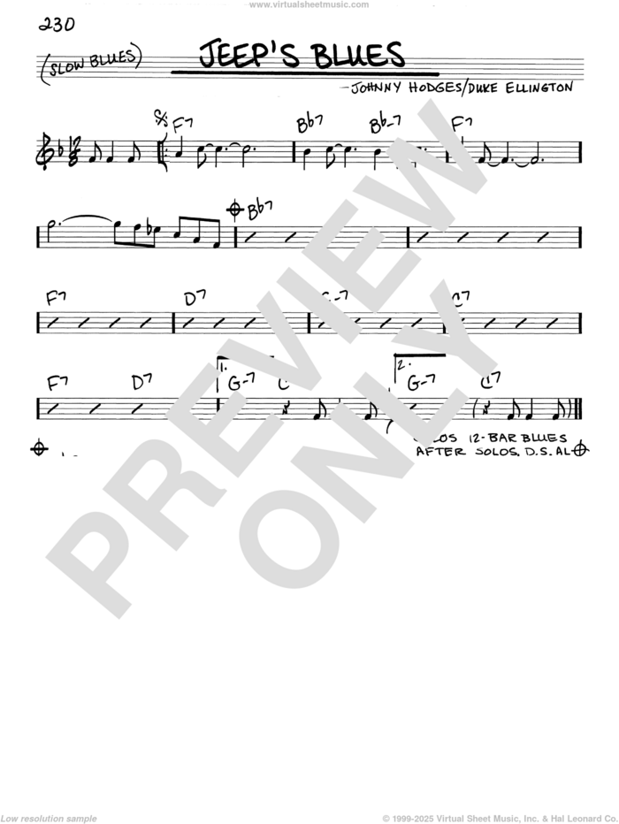 Jeep's Blues sheet music for voice and other instruments (real book) by Duke Ellington and Johnny Hodges, intermediate skill level