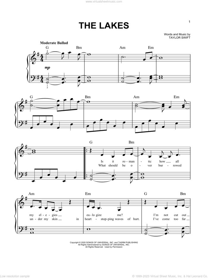 the lakes sheet music for piano solo by Taylor Swift, easy skill level