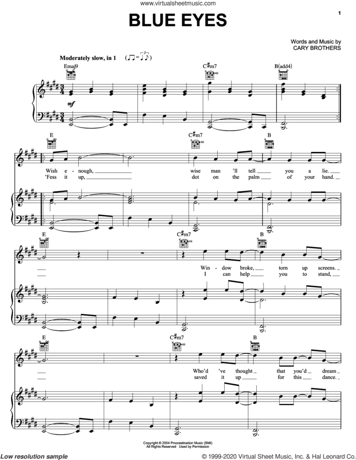 Blue Eyes sheet music for voice, piano or guitar by Cary Brothers, intermediate skill level