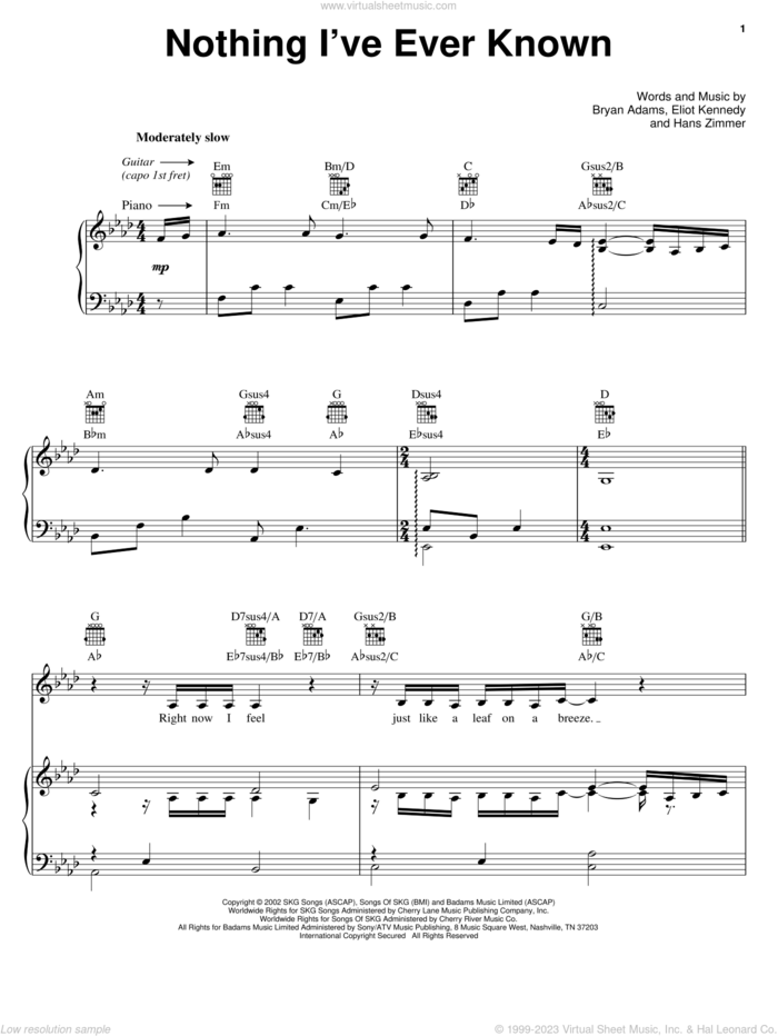 Nothing I've Ever Known sheet music for voice, piano or guitar by Bryan Adams, Spirit: Stallion Of The Cimarron (Movie), Eliot Kennedy and Hans Zimmer, intermediate skill level