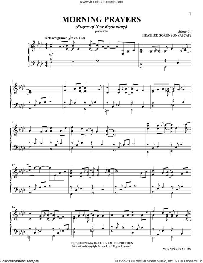 Morning Prayers (from The Prayer Project) sheet music for piano solo by Heather Sorenson, intermediate skill level