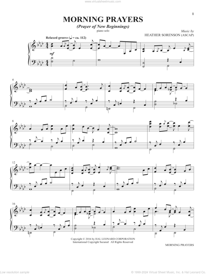 Morning Prayers (from The Prayer Project) sheet music for piano solo by Heather Sorenson, intermediate skill level