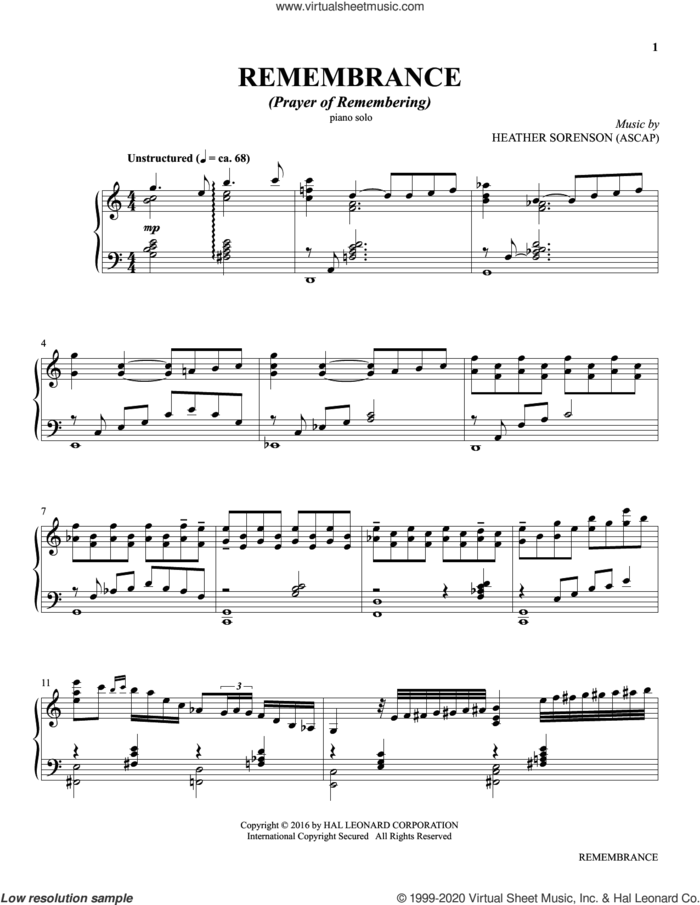 Remembrance (from The Prayer Project) sheet music for piano solo by Heather Sorenson, intermediate skill level