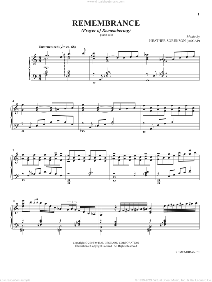 Remembrance (from The Prayer Project) sheet music for piano solo by Heather Sorenson, intermediate skill level