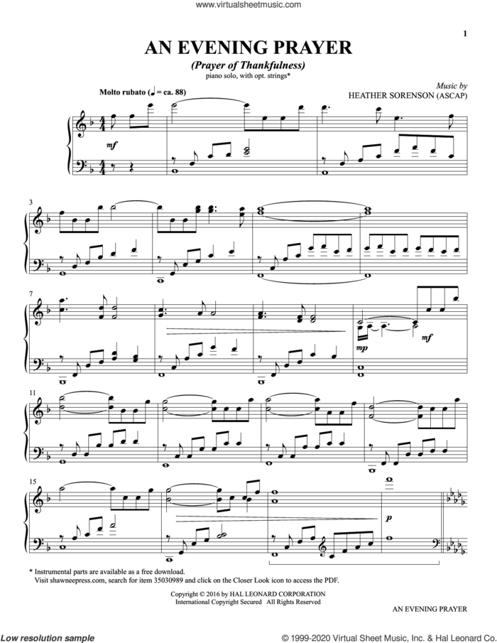 An Evening Prayer (from The Prayer Project) sheet music for piano solo by Heather Sorenson, intermediate skill level