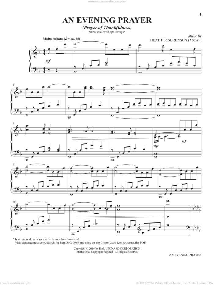 An Evening Prayer (from The Prayer Project) sheet music for piano solo by Heather Sorenson, intermediate skill level