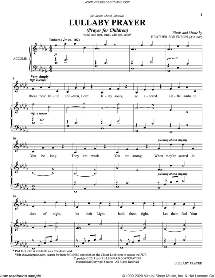 Lullaby Prayer (A Prayer For Children) (from The Prayer Project) sheet music for voice and piano by Heather Sorenson, intermediate skill level