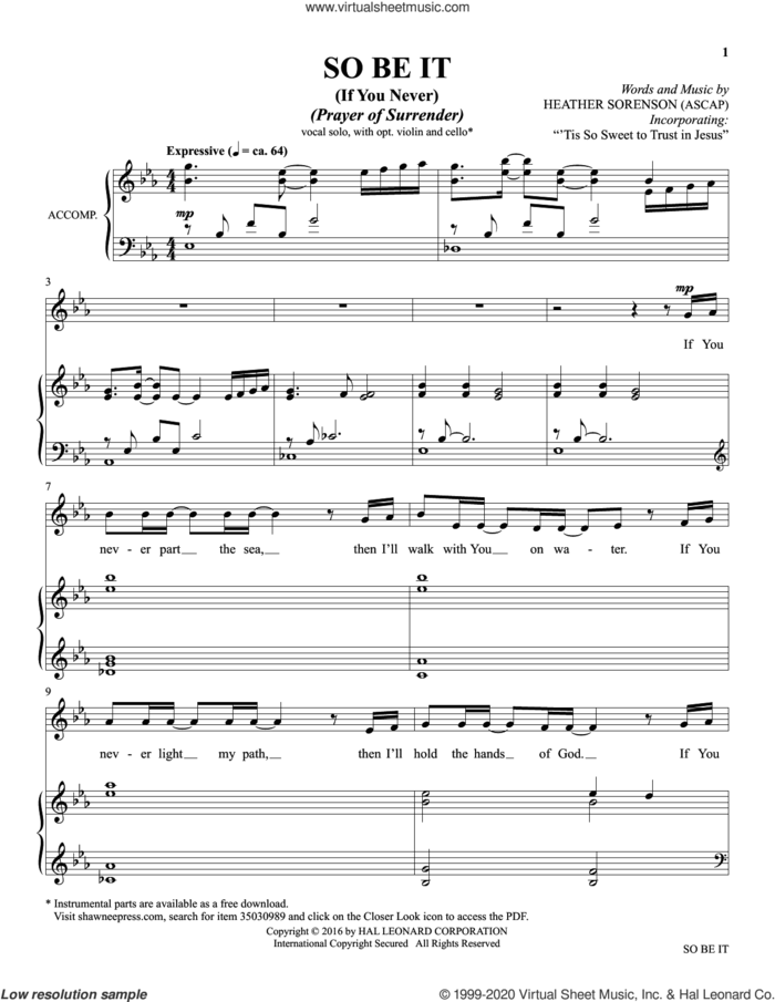 So Be It (If You Never) (from The Prayer Project) sheet music for voice and piano by Heather Sorenson, intermediate skill level