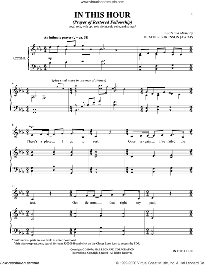 In This Hour (from The Prayer Project) sheet music for voice and piano by Heather Sorenson, intermediate skill level