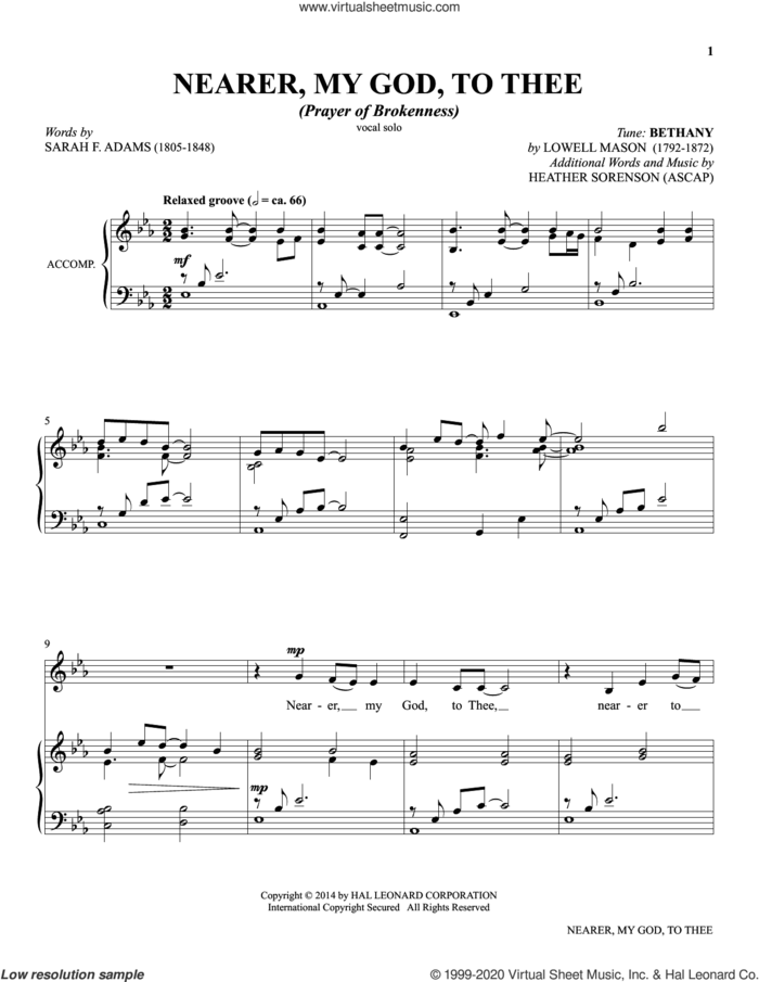 Nearer, My God, To Thee (from The Prayer Project) sheet music for piano solo by Heather Sorenson, Lowell Mason and Sarah F. Adams, intermediate skill level