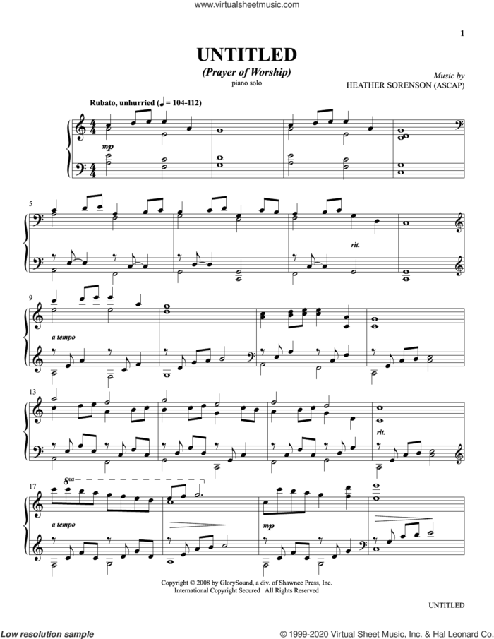 Untitled (from The Prayer Project) sheet music for piano solo by Heather Sorenson, intermediate skill level