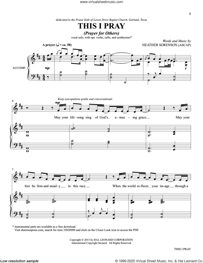 This I Pray (from The Prayer Project) sheet music for voice and piano by Heather Sorenson, intermediate skill level