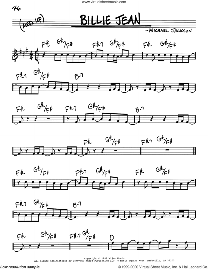 Billie Jean sheet music for voice and other instruments (real book) by Michael Jackson, intermediate skill level