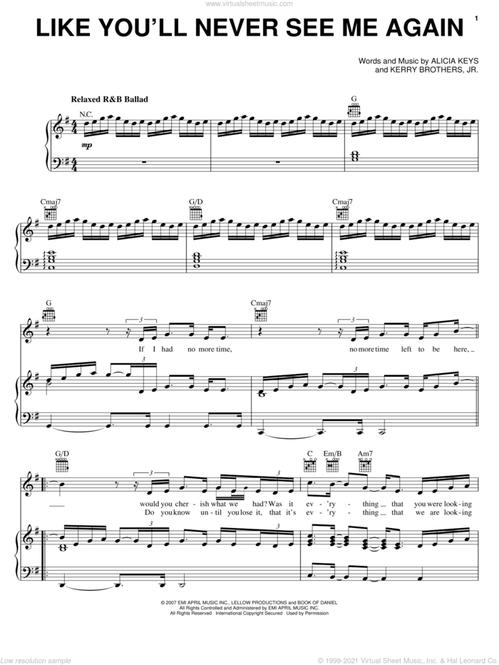 Like You'll Never See Me Again sheet music for voice, piano or guitar by Alicia Keys and Kerry Brothers, intermediate skill level