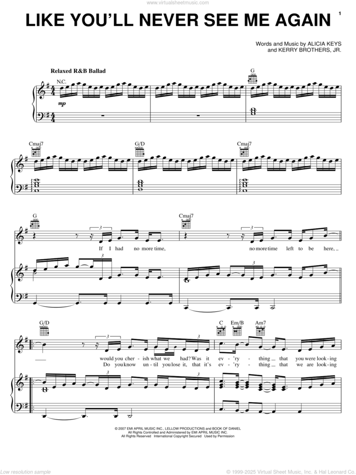 Like You'll Never See Me Again sheet music for voice, piano or guitar by Alicia Keys and Kerry Brothers, intermediate skill level