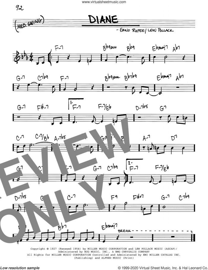 Diane sheet music for voice and other instruments (real book) by Lew Pollack and Erno Rapee, intermediate skill level