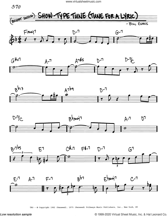 Show-Type Tune (Tune For A Lyric) sheet music for voice and other instruments (real book) by Bill Evans, intermediate skill level