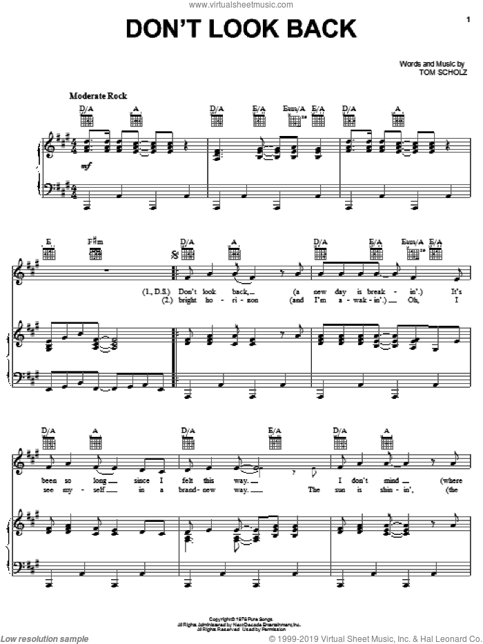 Don't Look Back sheet music for voice, piano or guitar by Boston and Tom Scholz, intermediate skill level