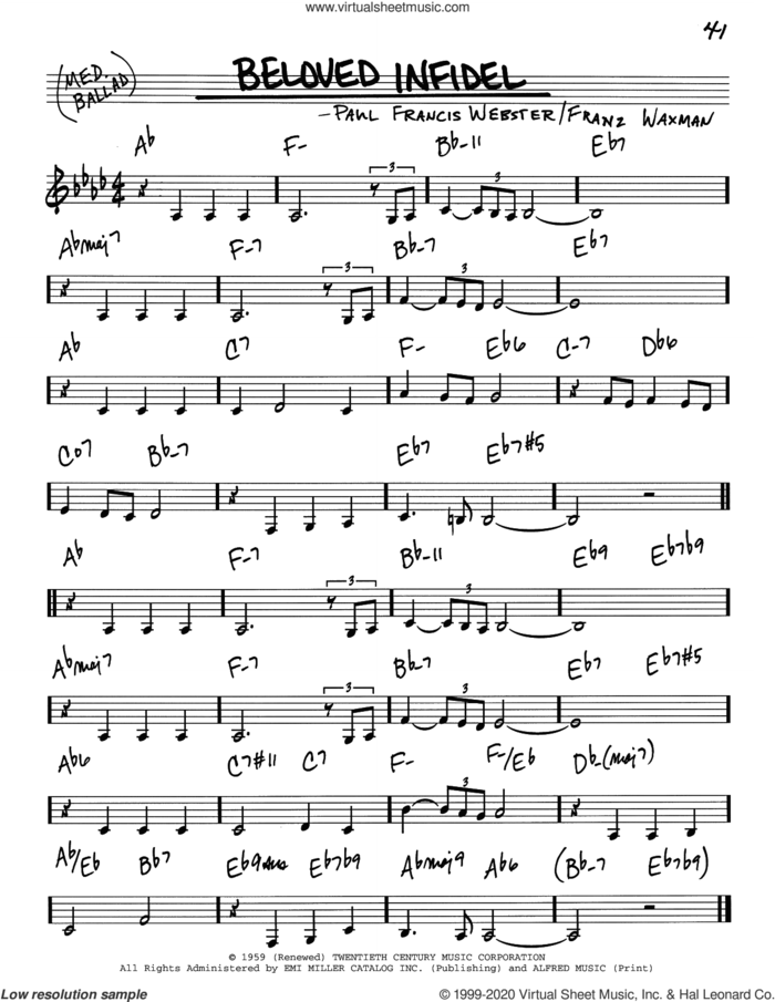 Beloved Infidel sheet music for voice and other instruments (real book) by Paul Francis Webster and Franz Waxman, intermediate skill level