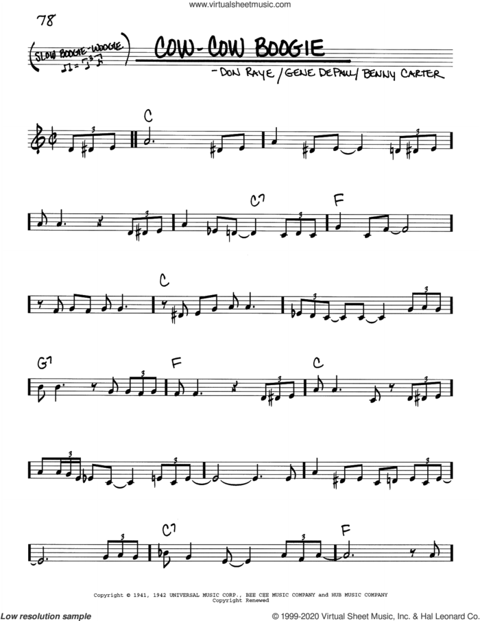 Cow-Cow Boogie sheet music for voice and other instruments (real book) by Freddie Slack & His Orchestra, Benny Carter, Don Raye and Gene DePaul, intermediate skill level