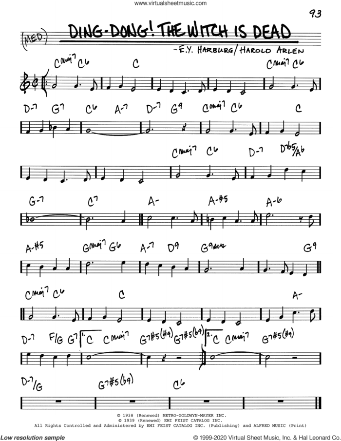 Ding-Dong! The Witch Is Dead sheet music for voice and other instruments (real book) by Harold Arlen, E.Y. 'Yip' Harburg and Harold Arlen and E.Y. Harburg, intermediate skill level
