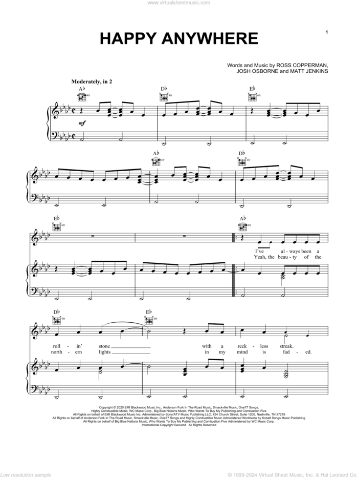 Happy Anywhere (feat. Gwen Stefani) sheet music for voice, piano or guitar by Blake Shelton, Gwen Stefani, Josh Osborne, Matt Jenkins and Ross Copperman, intermediate skill level