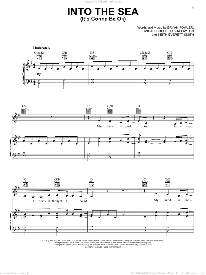 Into The Sea (It's Gonna Be Ok) sheet music for voice, piano or guitar by Tasha Layton, Bryan Fowler, Keith Everett Smith and Micah Kuiper, intermediate skill level