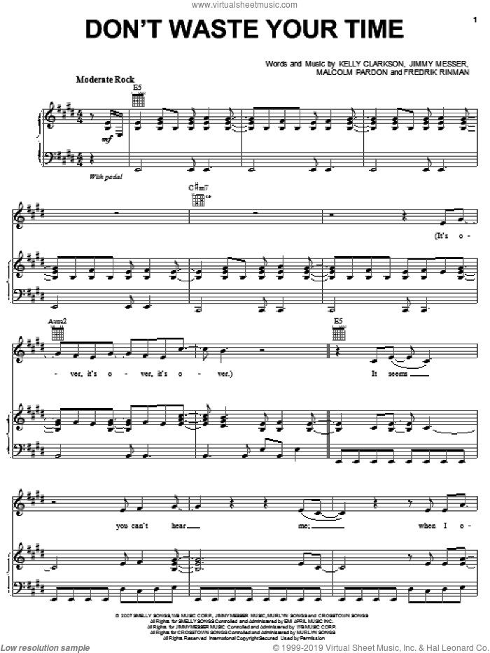 Don't Waste Your Time sheet music for voice, piano or guitar by Kelly Clarkson, Fredrik Rinman, Jimmy Messer and Malcolm Pardon, intermediate skill level