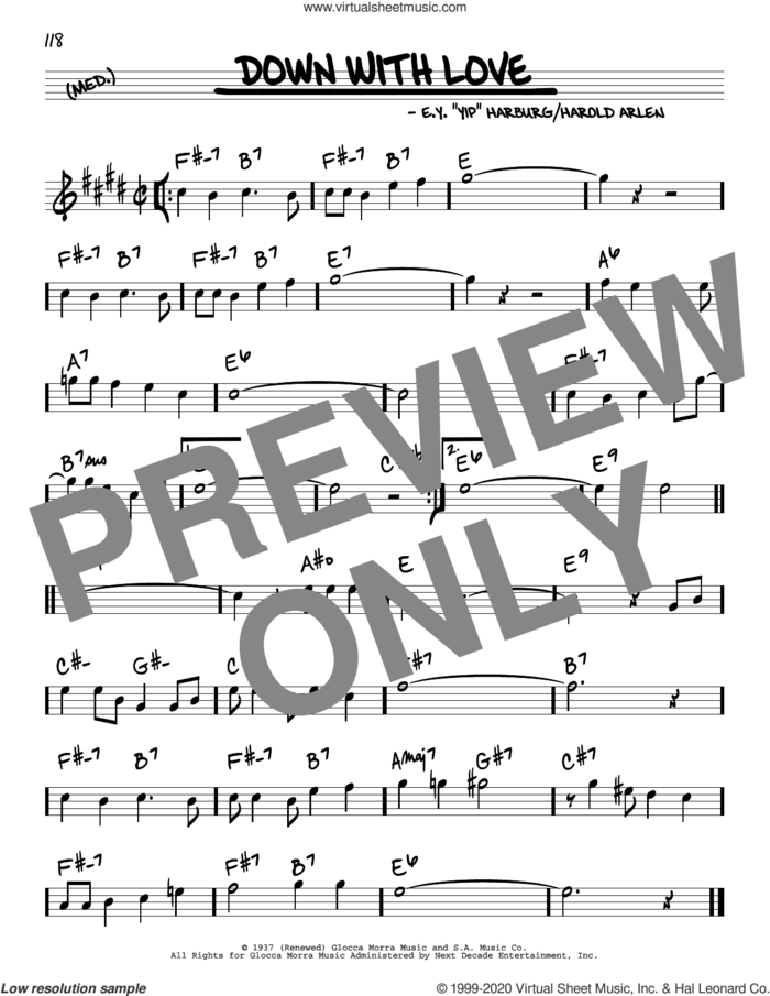 Down With Love sheet music for voice and other instruments (real book) by Harold Arlen, E.Y. 'Yip' Harburg and Harold Arlen and E.Y. Harburg, intermediate skill level