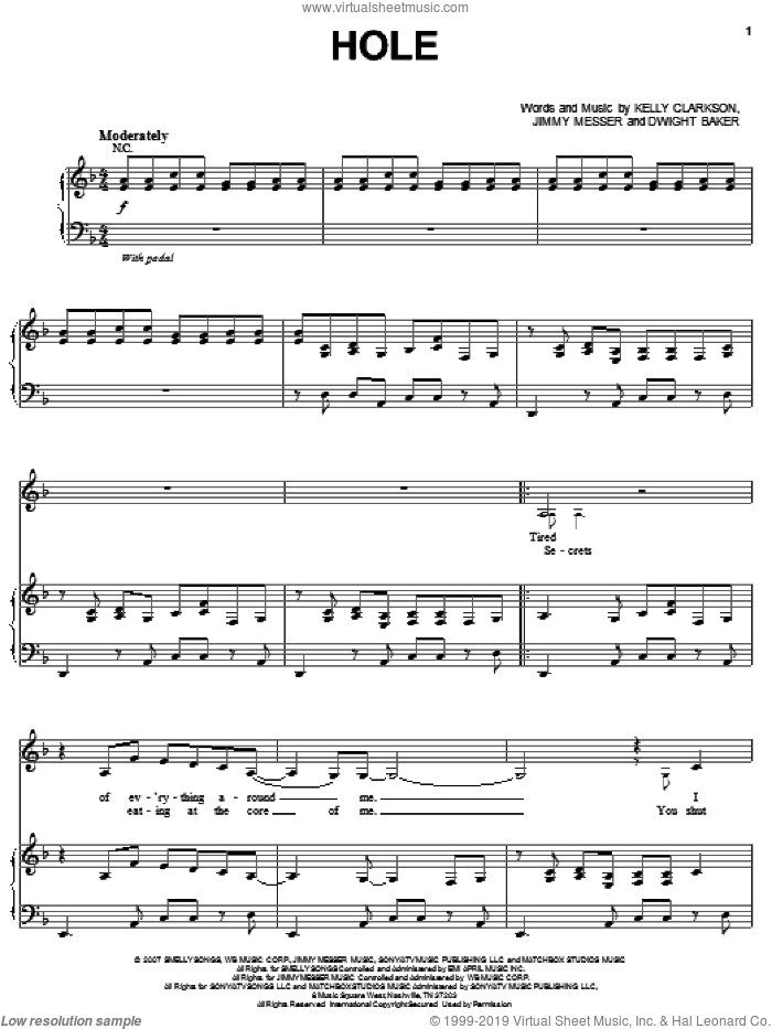 Hole sheet music for voice, piano or guitar by Kelly Clarkson, Dwight Baker and Jimmy Messer, intermediate skill level