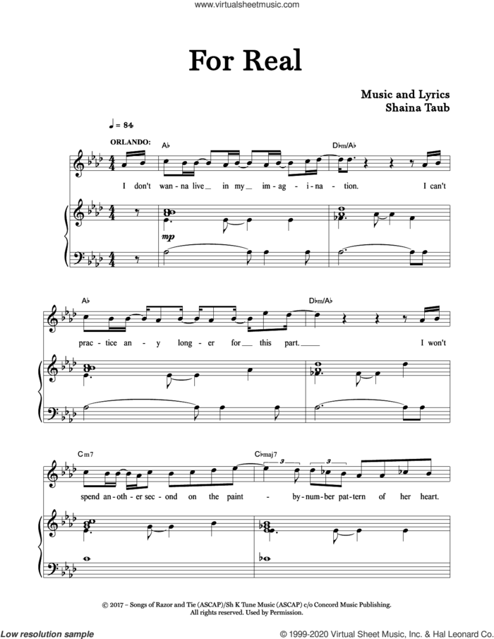 For Real (from As You Like It) sheet music for voice and piano by Shaina Taub, intermediate skill level