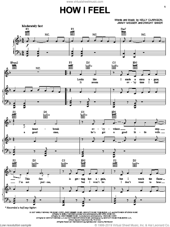 How I Feel sheet music for voice, piano or guitar by Kelly Clarkson, Dwight Baker and Jimmy Messer, intermediate skill level