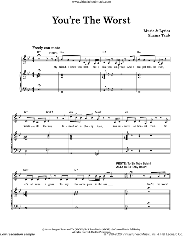You're The Worst (from Twelfth Night) sheet music for voice and piano by Shaina Taub, intermediate skill level