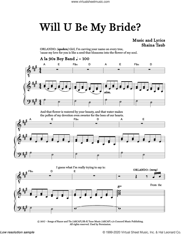 Will U Be My Bride? (from As You Like It) sheet music for voice and piano by Shaina Taub, intermediate skill level