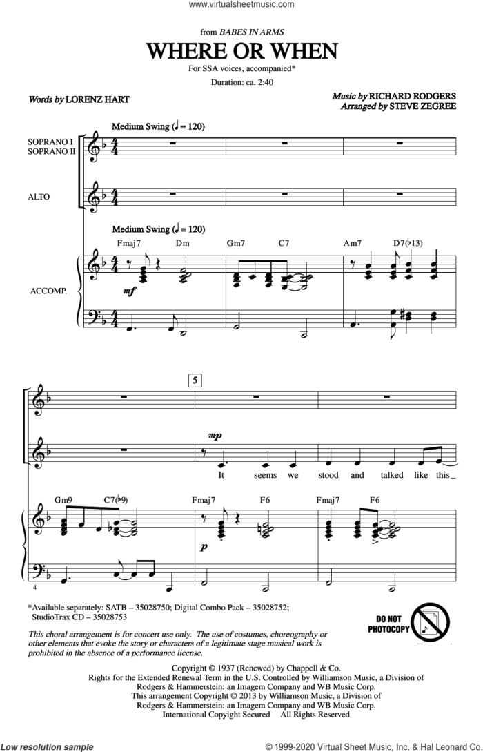 Where Or When (from Babes In Arms) (arr. Steve Zegree) sheet music for choir (SSA: soprano, alto) by Richard Rodgers, Steve Zegree, Lorenz Hart and Rodgers & Hart, intermediate skill level