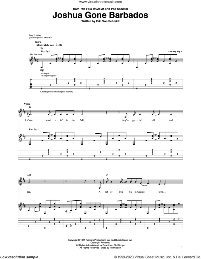 Joshua Gone Barbados sheet music for guitar (tablature) by Eric von Schmidt, intermediate skill level